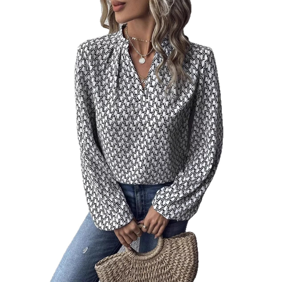 Damen Gemusterte Viskose-Bluse mit Stehkragen und Ballonärmeln EB
