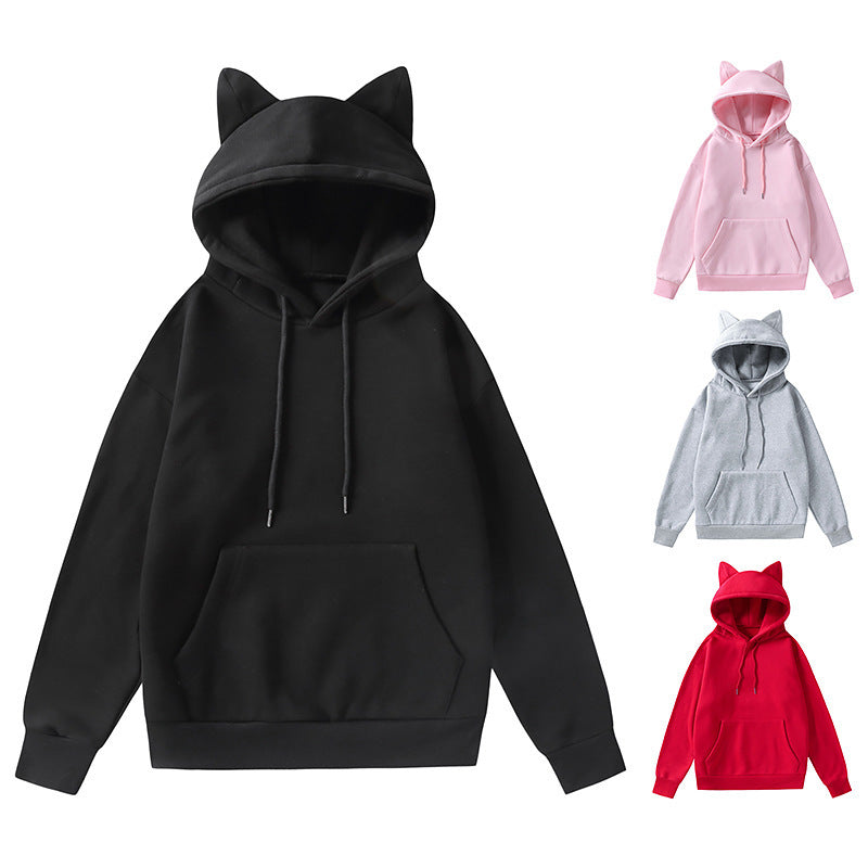 Damen nan Kapuzenpullover mit Katzenohren oversized Sweatshirt mit Kängurutasche und Kordelzug EB