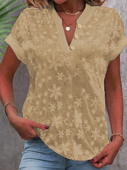 Damen Bluse mit floralem Stickmuster und klassischem V-Ausschnitt EB