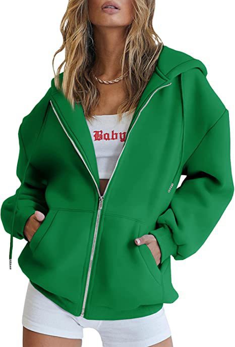 Damen nan oversized Kapuzenjacke mit durchgehendem Reißverschluss Kängurutaschen und weichem Sweatmaterial EB