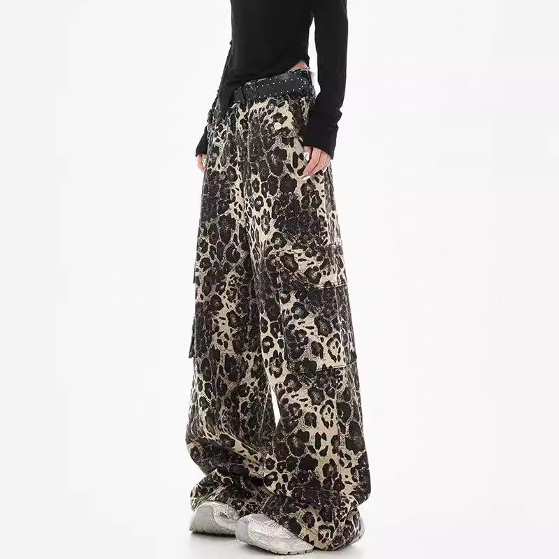 Damen Weite Cargohose im modischen Leopardenmuster mit praktischen Taschen und hohem Bund EB