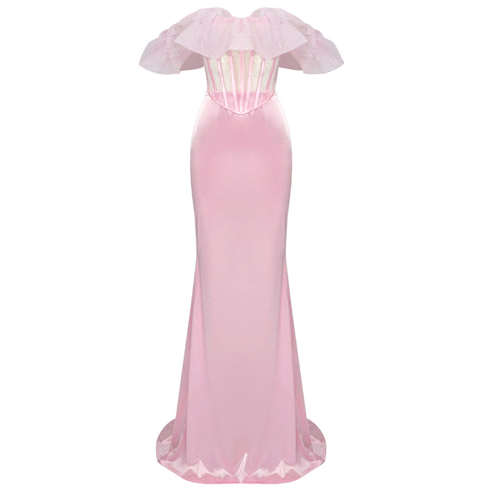 Damen Elegantes langes Abendkleid mit voluminösen Rüschen und figurformendem Design EB