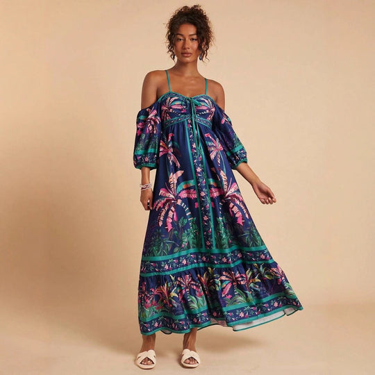Damen Maxikleid mit schulterfreiem Design und tropischem Druck EB