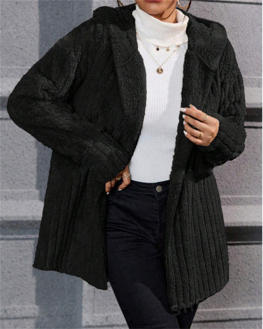Damen lässige Fleecejacke mit strukturiertem Design und Kapuze EB
