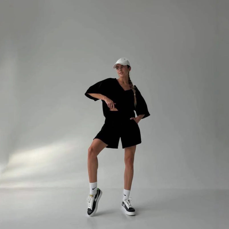 Damen lässiges Lounge-Set mit oversized Oberteil und Shorts EB