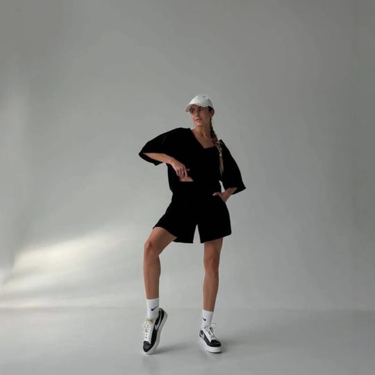 Damen lässiges Lounge-Set mit oversized Oberteil und Shorts EB