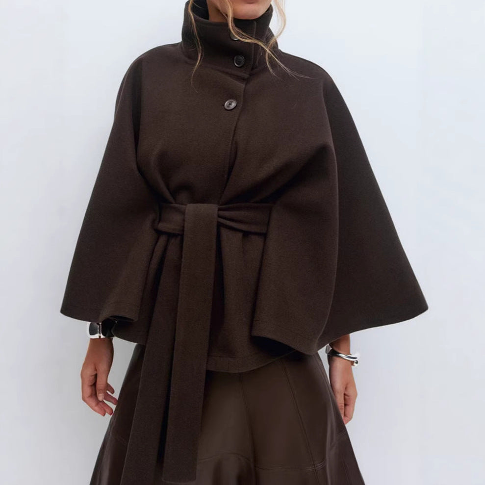 Damen Überwurfjacke mit hohem Kragen und taillierter Bindegürtel EB