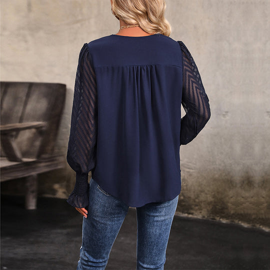 Damen Bluse mit transparenten Puffärmeln und V-Ausschnitt EB