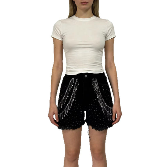 Damen Designer Denim-Shorts mit trendigen Kettenverzierungen EB