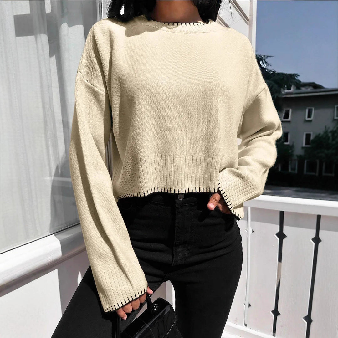 Damen lässiger Strickpullover mit kontrastierenden Nähten und cropped Schnitt EB