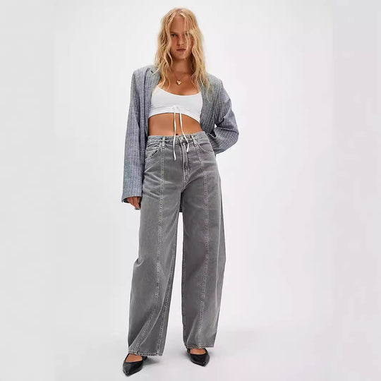 Damen Weite Denim-Hose mit hohem Bund und dekorativem Kordelzug EB