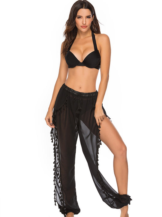 Damen luftige Strandhose mit verspieltem Fransenbesatz EB