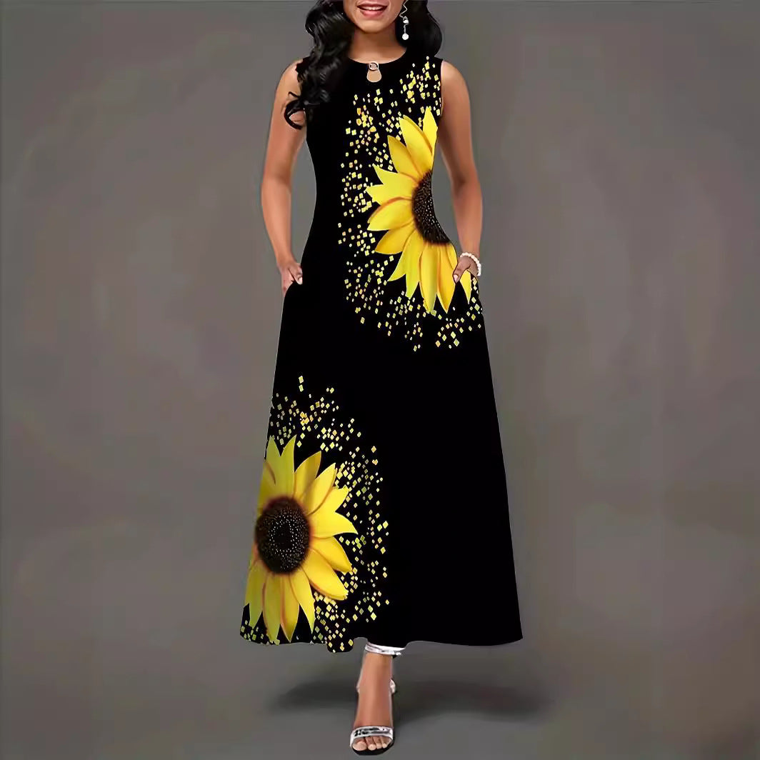 Damen Maxikleid mit buntem Sonnenblumenmotiv und praktischen Taschen EB