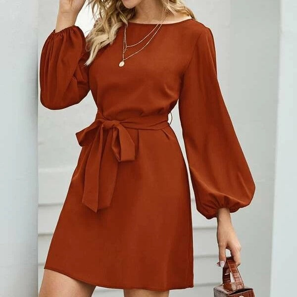 Damen Elegantes Kleid mit Ballonärmeln und Taillengürtel EB