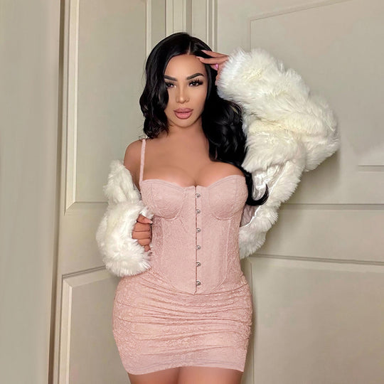 Damen minimalistisches Korsettkleid mit eleganter Knopfleiste und Spitzenakzenten EB
