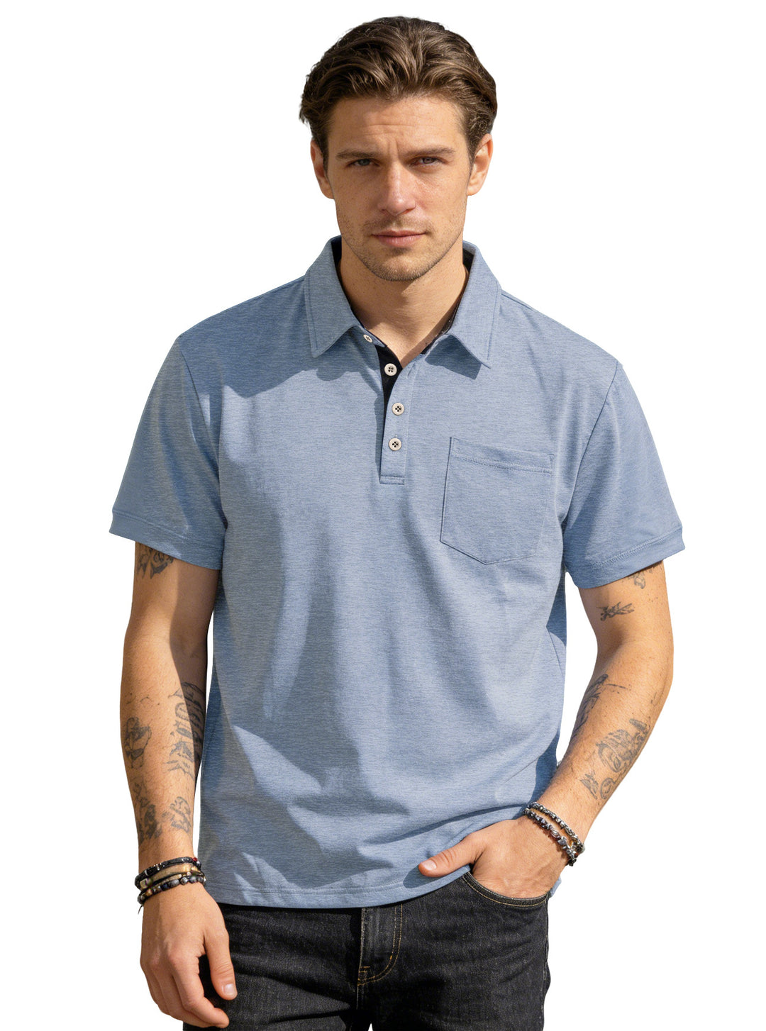 Herren nan Kurzarm-Polokragen-Shirt aus texturiertem Jersey mit Brusttasche und kontrastierter Knopfleiste EB