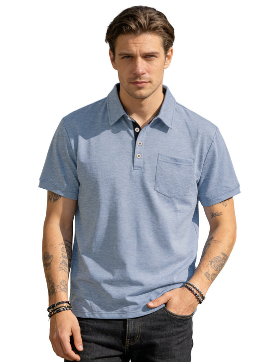 Herren nan Kurzarm-Polokragen-Shirt aus texturiertem Jersey mit Brusttasche und kontrastierter Knopfleiste EB