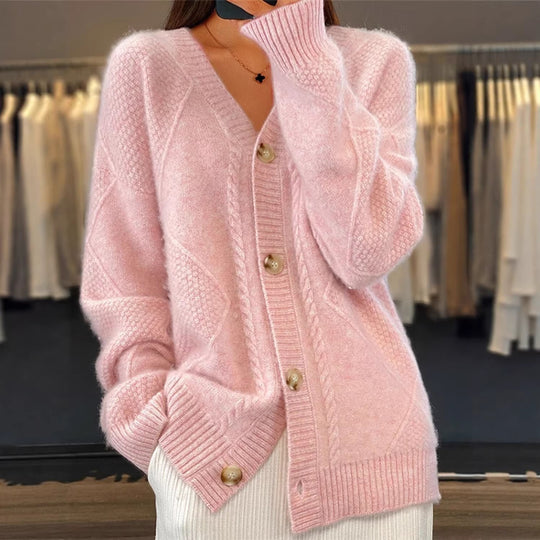 Damen nan oversized Strickcardigan mit Zopfmuster, V‑Ausschnitt und großen Knöpfen EB