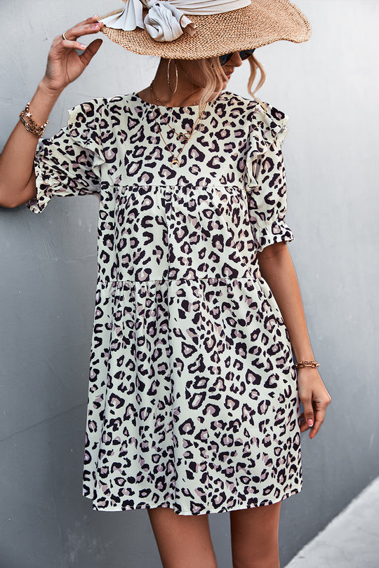 Damen Freizeitkleid mit verspieltem Leopardenmuster und Rüschendetails EB