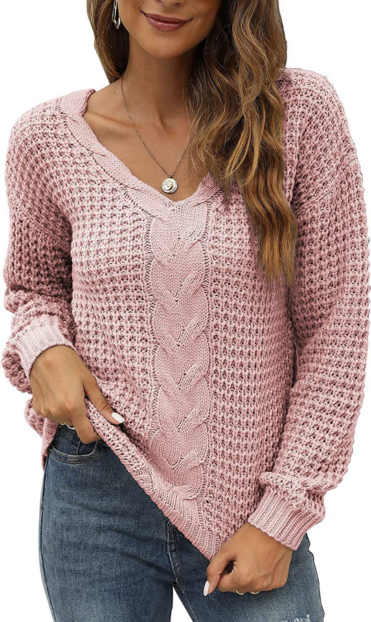 Damen lässiger Strickpullover mit tiefem V-Ausschnitt und detailliertem Zopfmuster EB