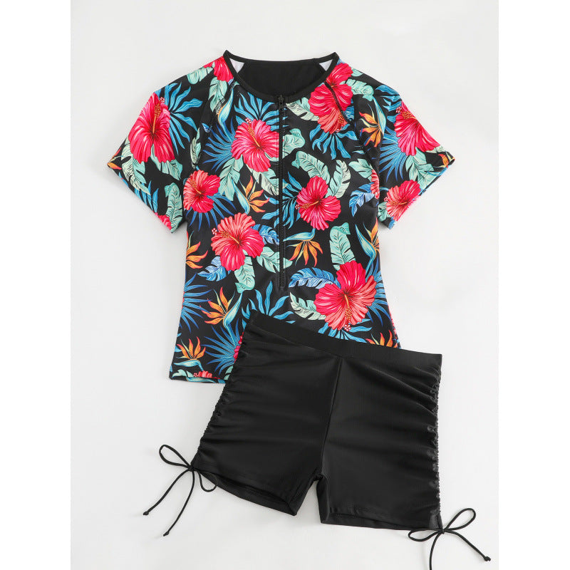 Damen Surf-Badeanzug-Set mit floralem Kurzärmel-Oberteil und komfortablen Shorts EB
