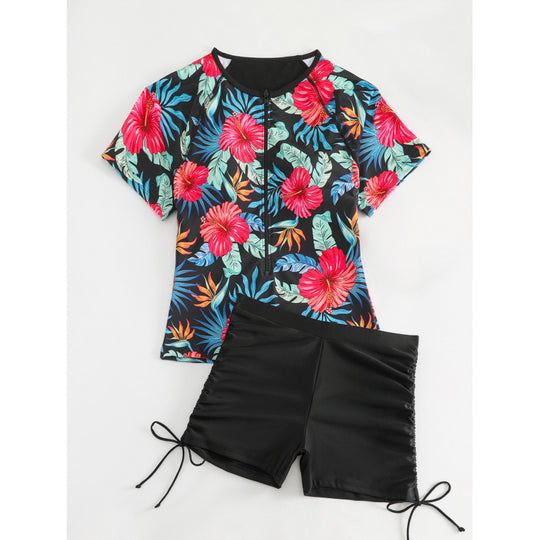 Damen Surf-Badeanzug-Set mit floralem Kurzärmel-Oberteil und komfortablen Shorts EB