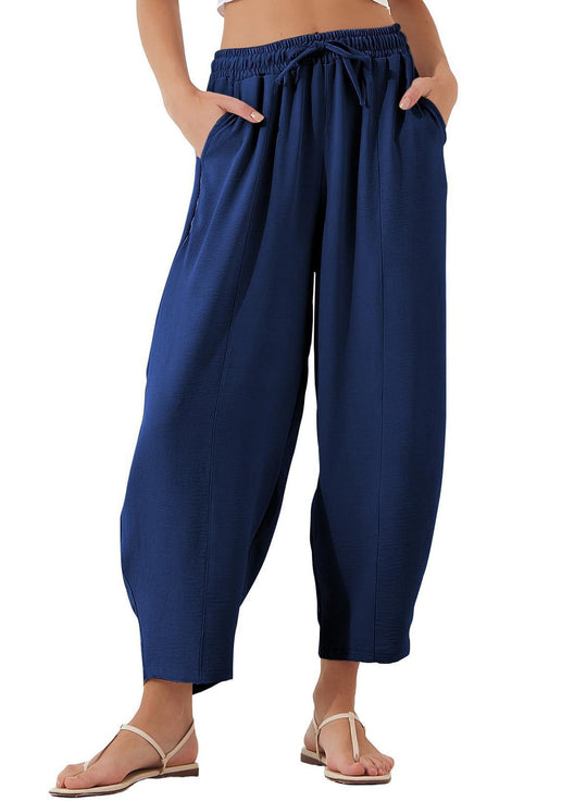 Damen Bequeme, weit geschnittene Sommerhose mit elastischem Bund und seitlichen Taschen EB