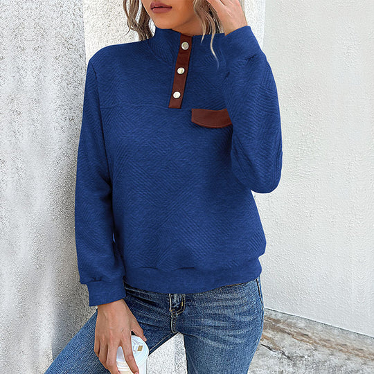 Damen lässiger Pullover mit strukturiertem Kragen und praktischer Brusttasche EB