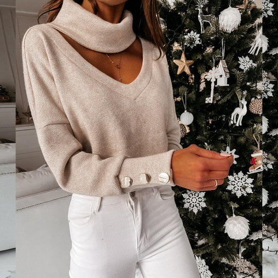 Damen eleganter Pullover mit hochwertigem Halsausschnitt und schicken Druckknöpfen EB
