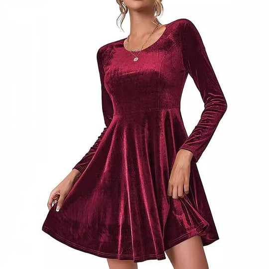 Damen Elegantes A-Linien Kleid aus Samt mit langen Ärmeln EB
