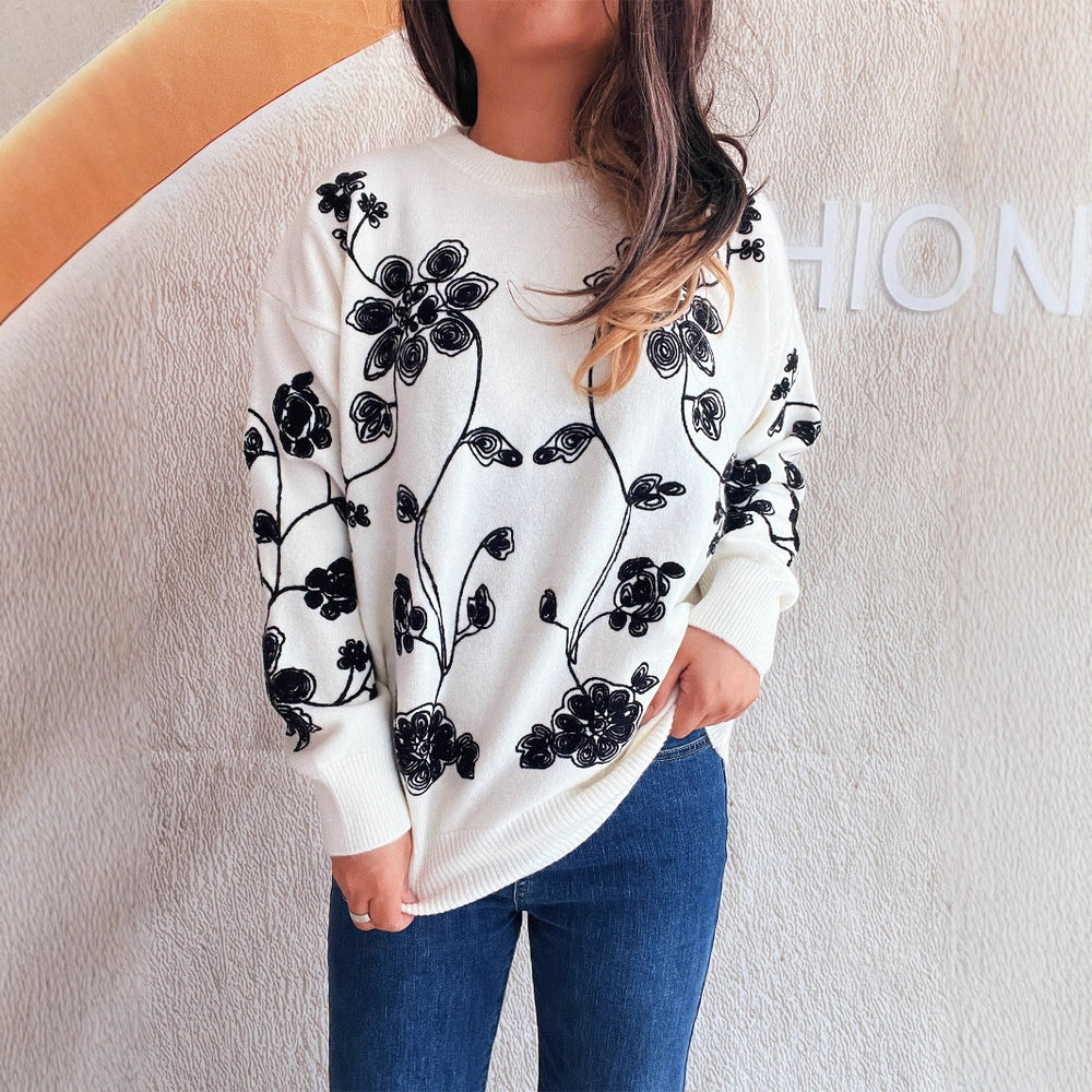 Damen lässiger Pullover mit floralem Stickdesign und modernem Schnitt EB