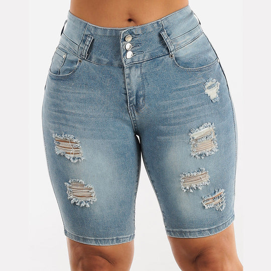 Damen Ripped Denim Shorts mit regulierbarem Bund und modischen Zierflicken EB