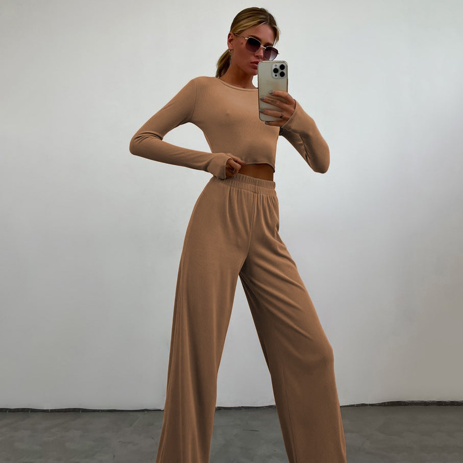 Damen nan geripptes Cropped-Longsleeve mit weiter High-Waist-Loungehose Set EB