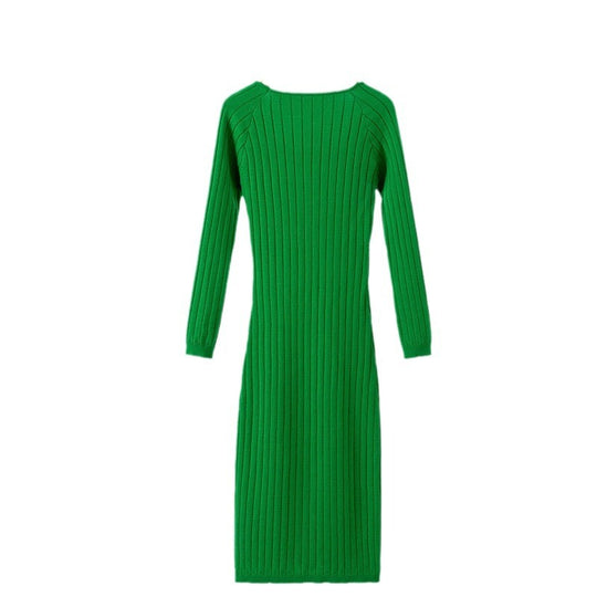 Damen Langarm-Strickkleid mit Quadratausschnitt und Rippstruktur EB