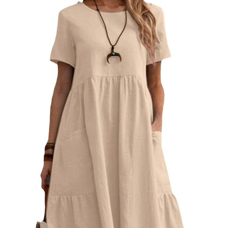 Damen Lockeres Baumwollkleid mit Taschen und Volant EB