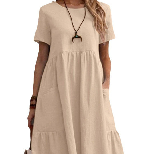 Damen Lockeres Baumwollkleid mit Taschen und Volant EB