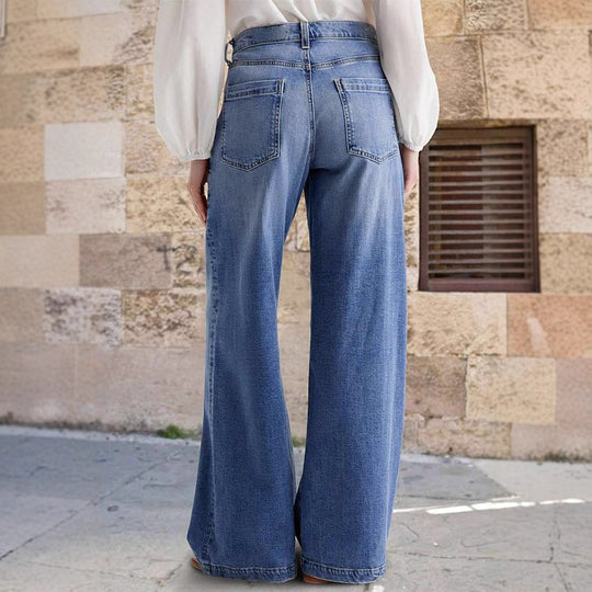 Damen Weit geschnittene Denim-Hose mit hoher Taille und eleganten Taschen EB