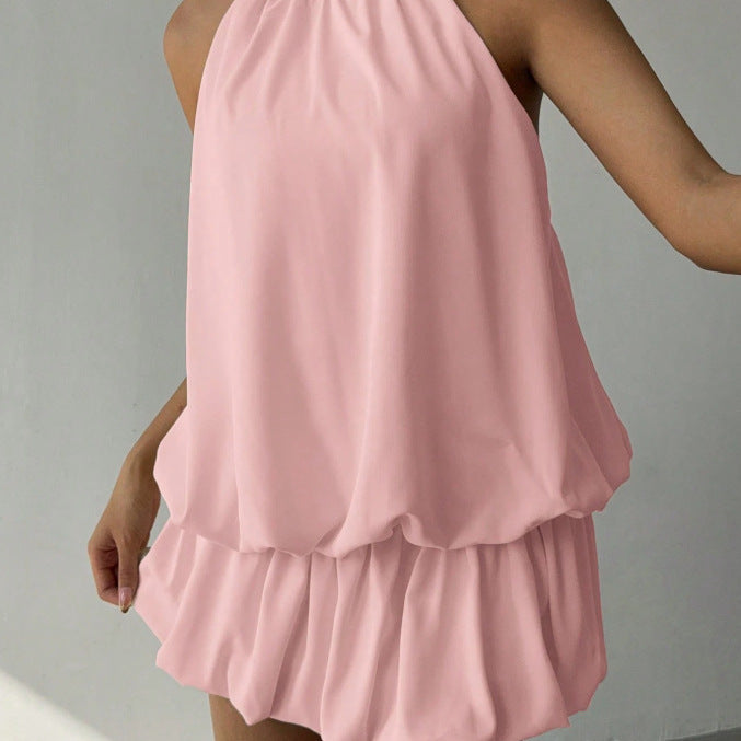 Damen sommerliches Minikleid mit haltem Kragen und asymmetrischem Design EB