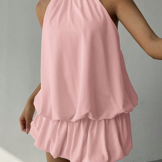 Damen sommerliches Minikleid mit haltem Kragen und asymmetrischem Design EB