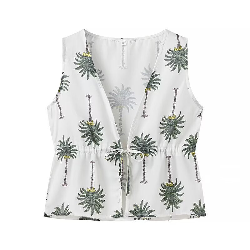 Damen Palazzo-Hose mit floralem Palmbaum-Print und seitlichen Schnürdetails EB