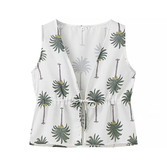 Damen Palazzo-Hose mit floralem Palmbaum-Print und seitlichen Schnürdetails EB