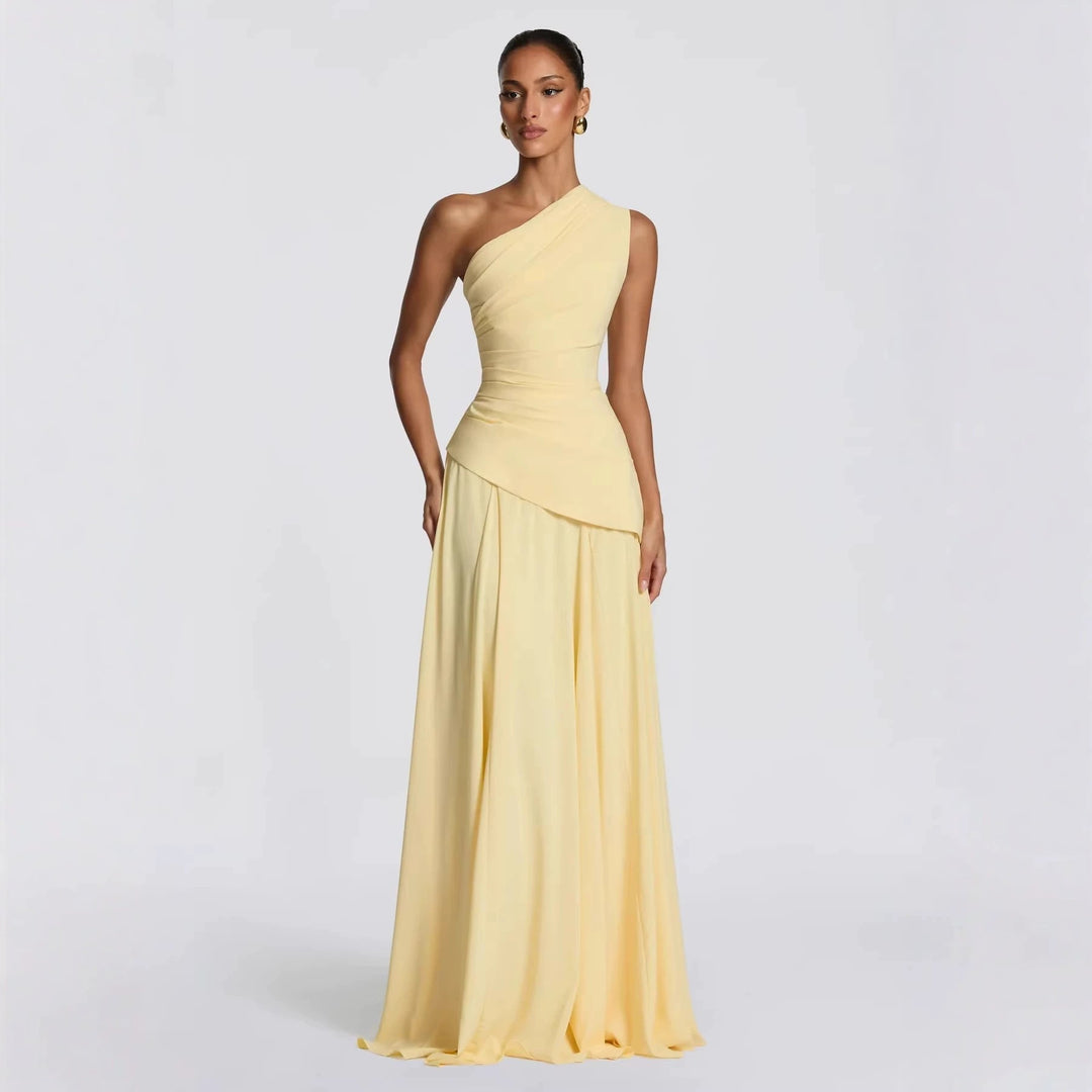 Damen Elegantes One-Shoulder Maxikleid mit fließenden Drapierungen EB