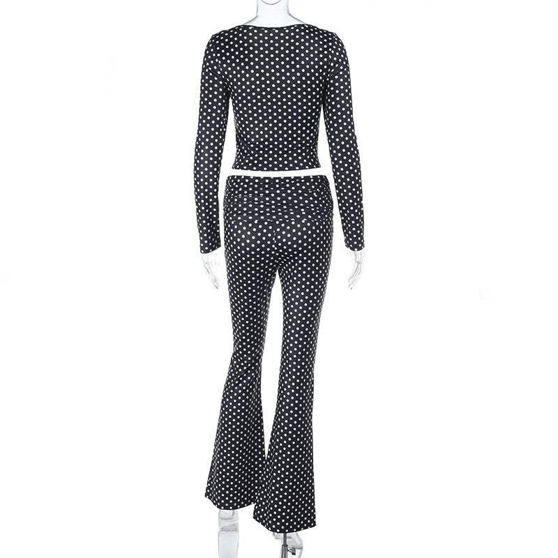 Damen figurbetonter Jumpsuit mit langen Ärmeln und Polka-Dot Muster EB