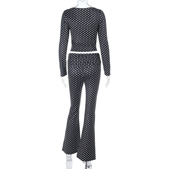 Damen figurbetonter Jumpsuit mit langen Ärmeln und Polka-Dot Muster EB