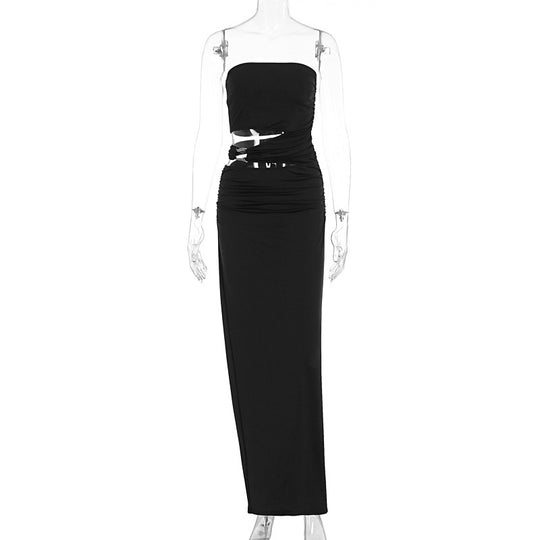 Damen elegantes Bodenkleid mit gerafftem Design und verstellbarem Gürtel EB