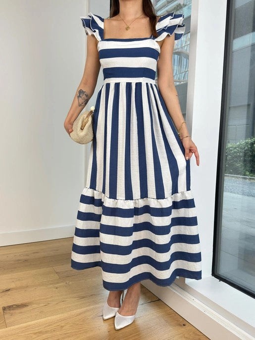 Damen Maxi-Kleid mit verspieltem Streifenmuster und Rüschendetails EB