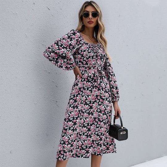 Damen Maxikleid mit floralen Raffungen und schmalem Taillengürtel EB