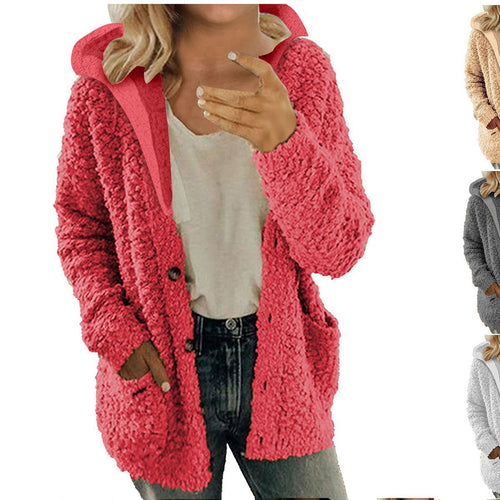Damen kuschelige Fleecejacke mit Kapuze und praktischen Taschen EB