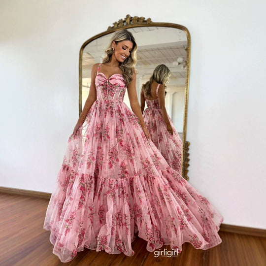 Damen Maxikleid mit floralem Tüll und voluminösem Rock EB