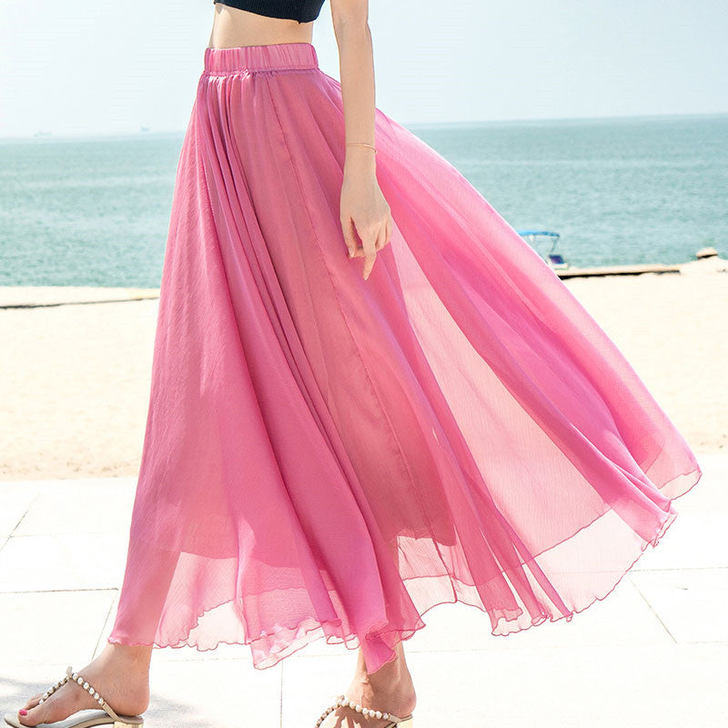 Damen nan fließender Maxirock aus Chiffon mit elastischem Bund und mehrlagigem Volant EB